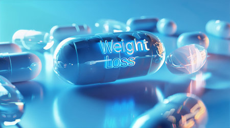 Weight loss capsules on a blue background showcasing health and wellness, promoting effective weight management solutions for a healthier lifestyle conceptの素材