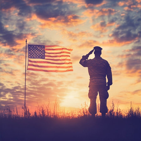 Soldier saluting American flag at sunset, honoring sacrifices made on Memorial Day, a tribute to bravery and patriotism, remembrance conceptの素材