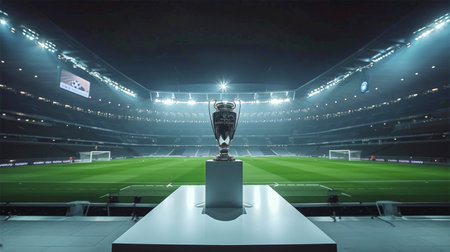 UEFA Championship Football Trophy on Display in Stadium with Bright Lightsの素材