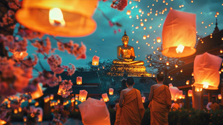Buddhist festival celebration during Vesak with illuminated lanterns, serene Buddha statue, and monks in traditional robes, symbolizing peace and enlightenment conceptの素材