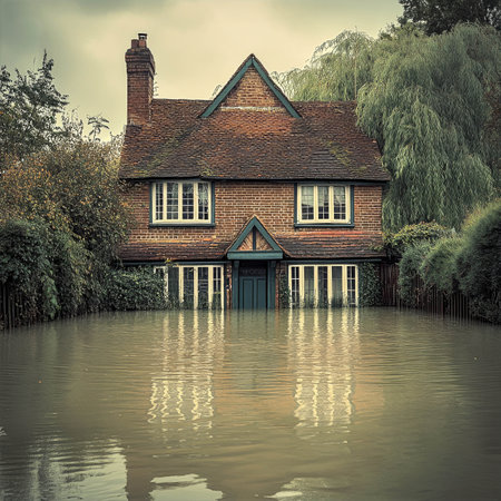 Flooded house surrounded by water and greenery show the impact of climate changeの素材