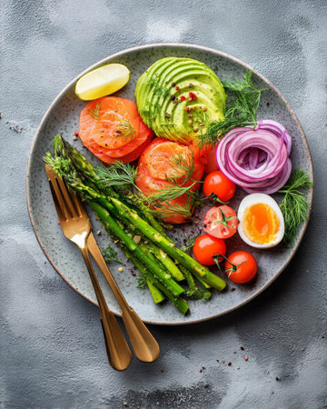 Colorful keto meal with fresh vegetables, eggs, and herbs for healthy eating conceptの素材