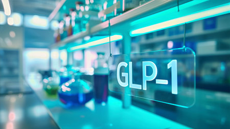 GLP-1 research laboratory with colorful liquids in glass containersの素材