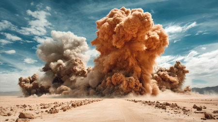Dust cloud explosion in desert landscape with dramatic sky and rocky terrain natural disaster conceptの素材