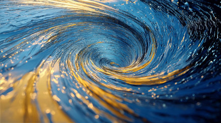 Swirling ocean wave with golden reflections creating a mesmerizing water pattern conceptの素材