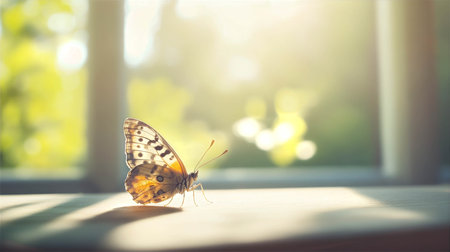Butterfly resting on a surface illuminated by sunlight in a serene indoor environment conceptの素材