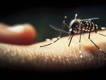 Mosquito perched on human skin with a focus on its intricate features and healthy living conceptの素材