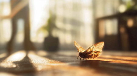 Moth resting on wooden floor in sunlit room with plants creating a serene atmosphere nature conceptの素材