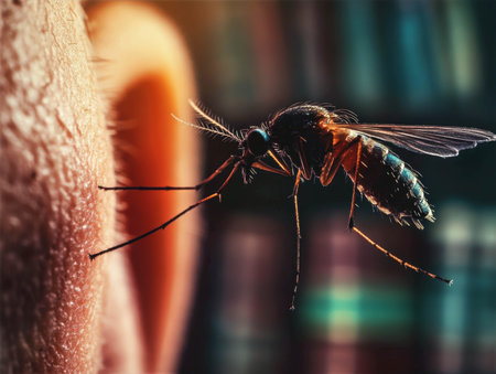 Close-up of a mosquito hovering near a human ear highlighting the annoyance of insect bites conceptの素材