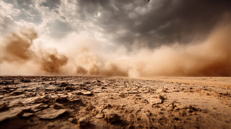 Dust storm sweeping across barren landscape with dark clouds creating an intense weather phenomenon conceptの素材