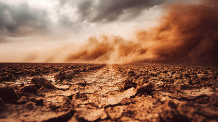 Dust storm over cracked earth landscape revealing the harshness of climate change and drought conceptの素材