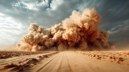 Dust storm rising over barren landscape with dramatic clouds creating a powerful nature scene conceptの素材