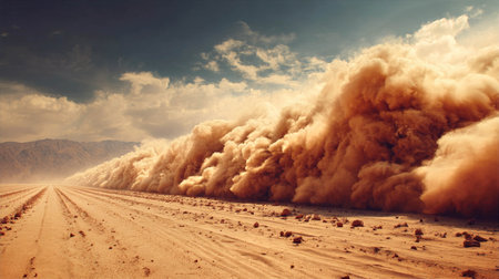 Dust storm sweeping across desert landscape creating dramatic natural phenomenon conceptの素材