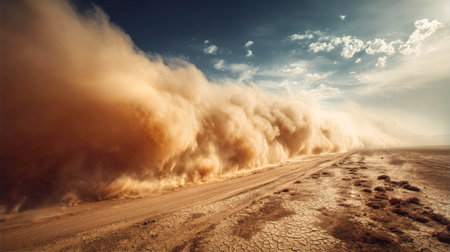 Dust storm sweeping across desert landscape under bright blue sky showcasing natural phenomenon conceptの素材