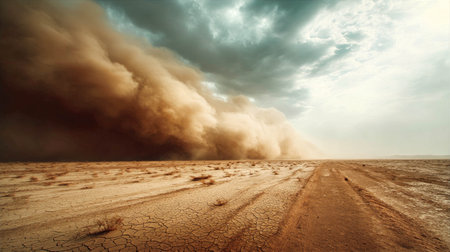 Dust storm approaching over barren landscape with dramatic sky and road leading into the distance conceptの素材