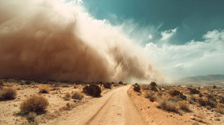 Dust storm approaching a dirt road in a desert landscape with dramatic skies and natural beauty conceptの素材
