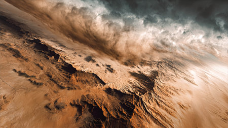 Dramatic aerial view of a desert landscape with swirling dust and rocky formations, nature conceptの素材