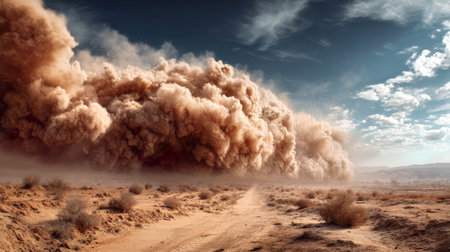 Dust storm approaching desert landscape with dramatic clouds and sunlight, weather phenomenon conceptの素材