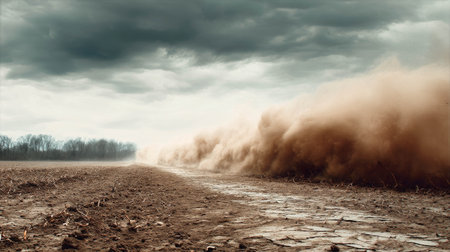 Dust storm approaching barren landscape under dark clouds in dramatic weather scene conceptの素材