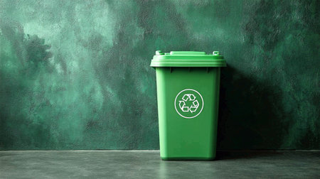 Green recycling bin against a textured wall promoting eco-friendly waste management conceptの素材
