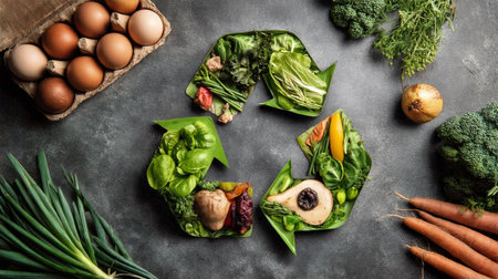 Fresh vegetables and eggs arranged in a recycling symbol promoting sustainable eating conceptの素材