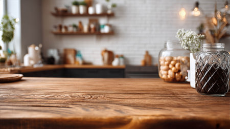 Rustic wooden kitchen countertop with jars and decor showcasing a cozy cooking atmosphere conceptの素材