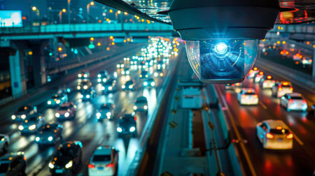 Nighttime city traffic with illuminated vehicles and vibrant lights urban transportation conceptの素材