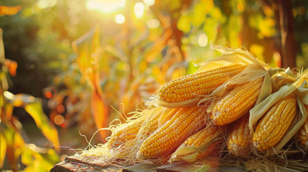 Freshly harvested corn cobs basking in sunlight on a rustic wooden surface healthy eating conceptの素材