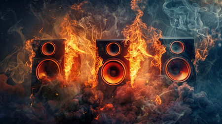 Fiery speakers with vibrant flames and smoke creating a dynamic atmosphere for music lovers conceptの素材