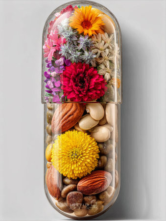 Colorful capsule filled with flowers and nuts representing natural health and wellness conceptの素材