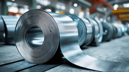 Metal rolls in a factory setting showcasing industrial production and manufacturing process conceptの素材