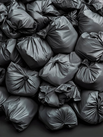 Black garbage bags piled together in a chaotic arrangement waste management conceptの素材