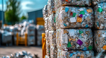 Recycled plastic waste bales stacked in a recycling facilityの素材