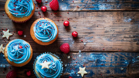 Colorful cupcakes with blue frosting and decorative toppings on wooden tableの素材