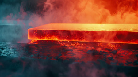 Glowing molten lava flowing over a solid surface creating a dramatic fiery landscape conceptの素材