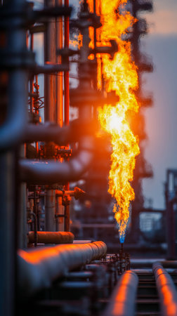 Industrial gas flare burning brightly at oil refinery during sunset energy production conceptの素材