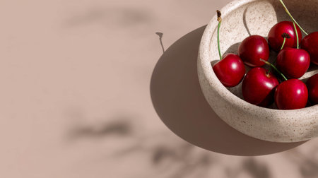 Fresh red cherries in a bowl casting shadows on a beige surface healthy eating conceptの素材