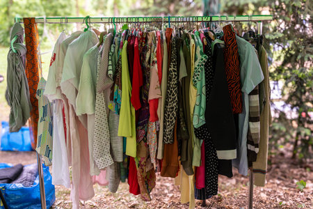 Summer clothes displayed on rack at community reuse fairの写真素材