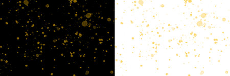 Golden glowing particle bokeh effect isolated on transparent background. Festive light dots, depth blur sparkles, perfect for overlays and holiday compositionsの写真素材