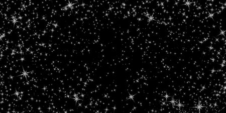 Twinkling white star sparkles and glittering light effects scattered across black background. Perfect for overlays, festive and magical compositionsの写真素材