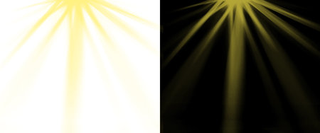 Bright golden stage spotlight rays shining downward isolated on transparent background. Dramatic lighting for scene enhancement and compositingの写真素材