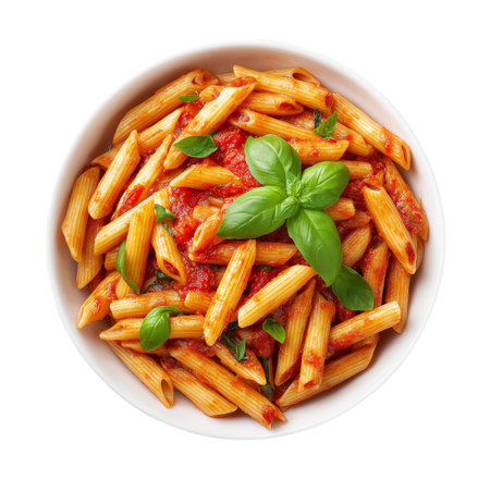 Penne pasta with tomato sauce and basil isolated on transparent background. Italian food in bowl. PNGの素材