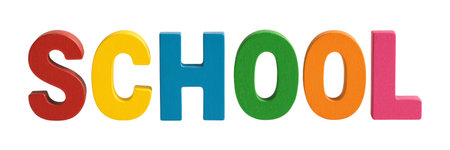 Colorful wooden letters spelling SCHOOL isolated on transparent backgroundの素材