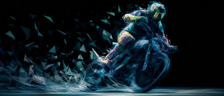 Low-poly motorcyclist leaning sharply into a turn on sportbike with abstract digital particles flying behind on black backgroundの素材