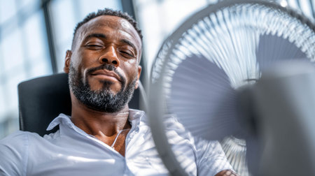 Man enjoying cool breeze from fan in bright office during extremely hot weather conditionsの素材