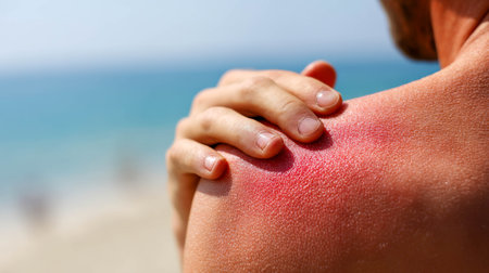 Sunburned shoulder of a person relaxing on a beach under bright sunlight during hot weatherの素材