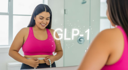 Woman measuring waist in front of mirror, smiling, showcasing health and wellness journey GLP-1の素材