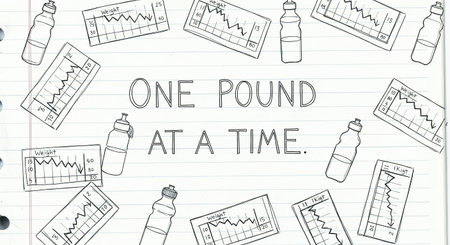 Weight loss journey illustration with motivational quotes and fitness tracking elementsの素材