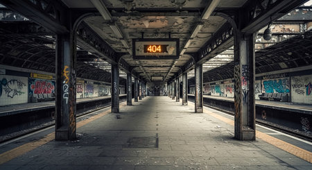 404 error Abandoned subway station with graffiti art and empty platforms showcasing urban decayの素材
