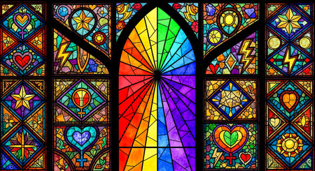 Colorful stained glass window featuring vibrant geometric patterns and symbolic designsの素材